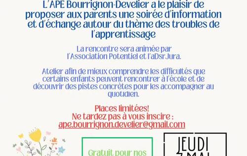 APE Bourrignon-Develier - soirée d'information sur les troubles de l'apprentissage