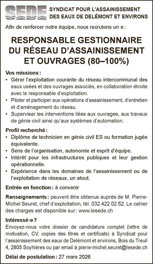 SEDE - Annonce d'emploi en tant que responsable gestionnaire du réseau d'assainissement et ouvrages (80-100%)